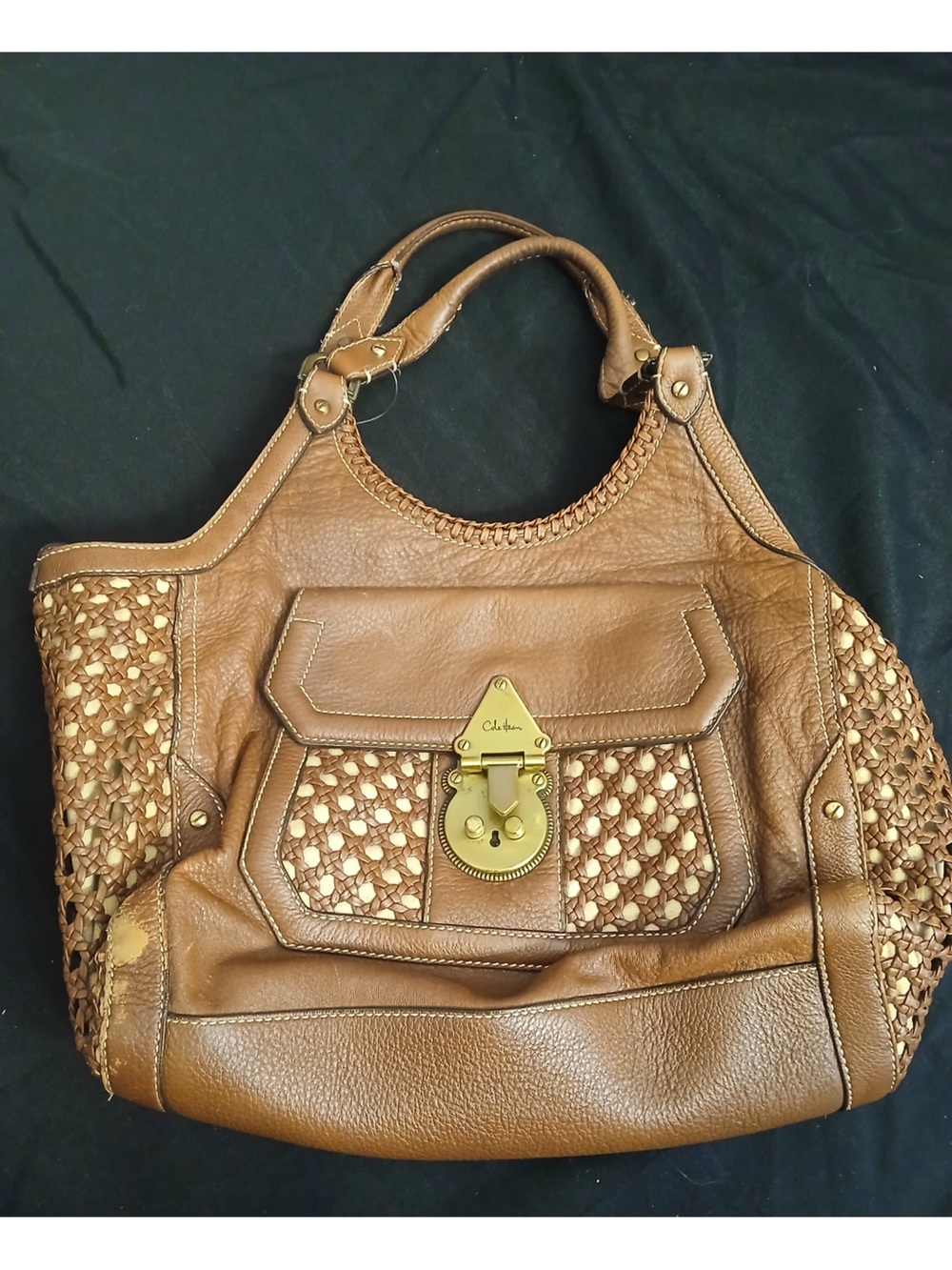 Cole Haan Tan Woven Leather Shoulder Bag with Gold Lock - Picture 2 of 16